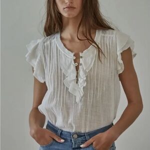 Free People White Ruffle Button Blouse